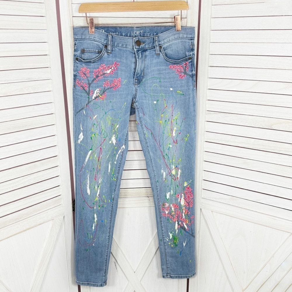 Loft Hand Painted Boyfriend Jeans Women 0 Blue Multi Ankle Cherry Blossom Custom